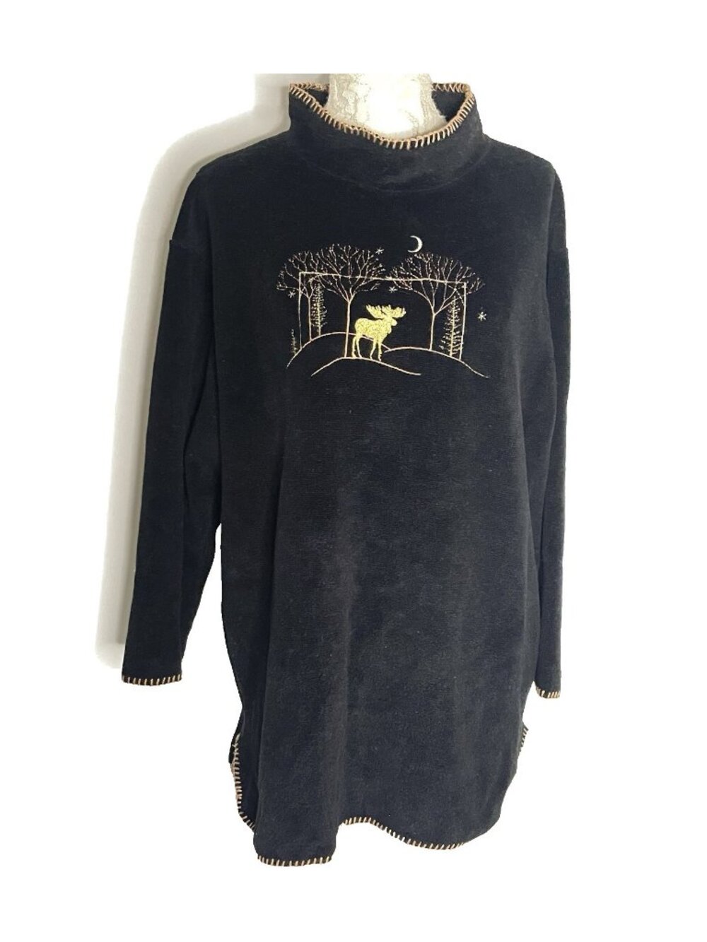 Coldwater Creek Moose Sweater Tunic Womens L Black Mock Neck Made in USA Holiday
